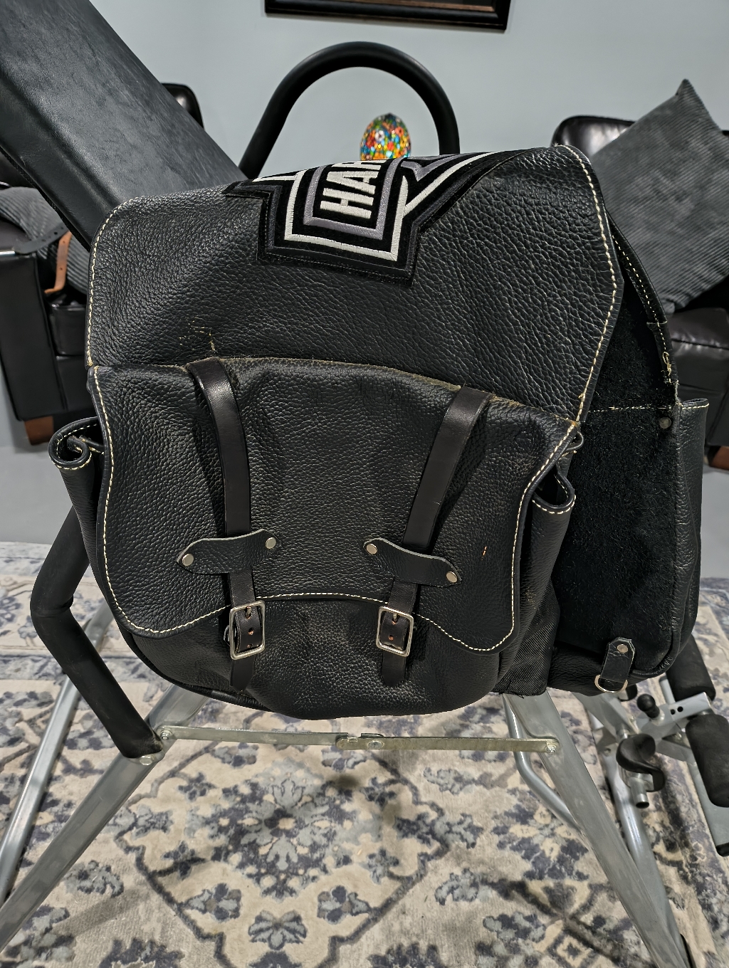 Harley-Davidson Motorcycle Black Leather Duffel Saddle Bag W/ Embroidered Logo